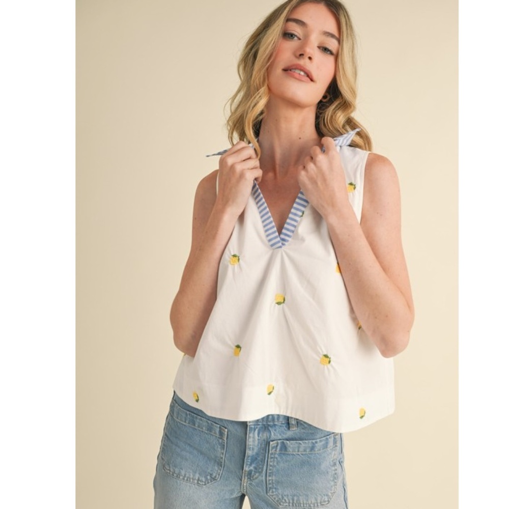 🌟 “The Marsha" Lemon Embroidery Collared Tank - Picture 3 of 4